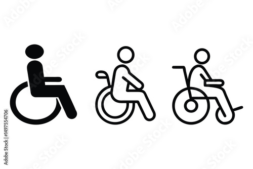 Three symbolic representations show a simple figure seated in varied wheelchair forms against white