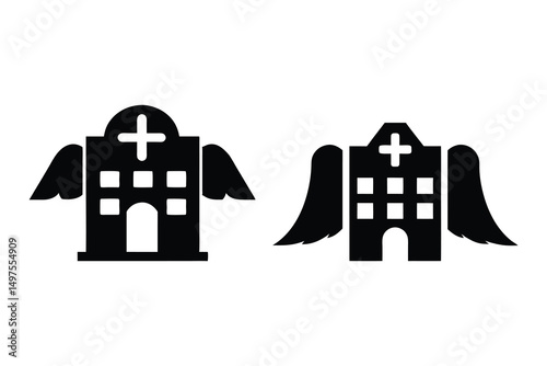 Two minimalist hospital icons showcase angelic wings with a transparent background
