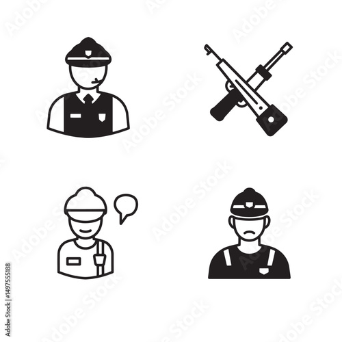 Black and white silhouette icons representing professions and weapons for design and illustration