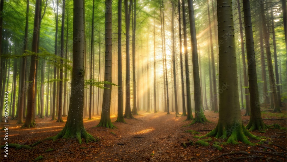 Obraz premium Sunlit forest with tall trees and ground vegetation isolated on white background