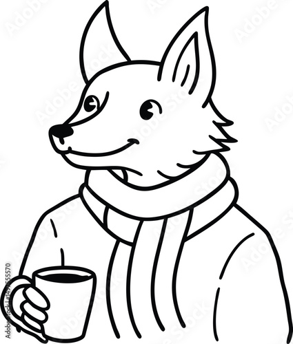 Vector illustration of smiling fox character wearing scarf and holding coffee cup