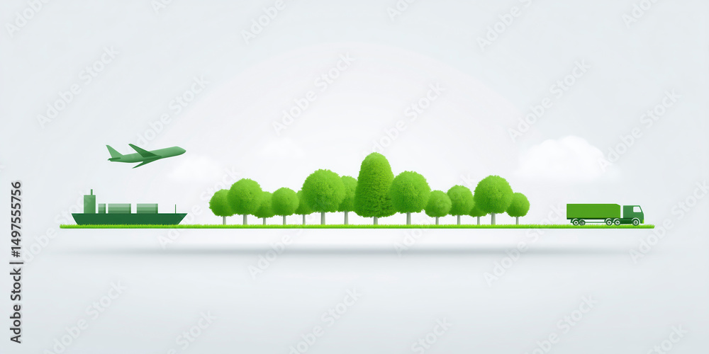 Fototapeta premium Green transportation concept featuring an airplane, cargo ship, and truck with trees on a white background representing eco-friendly logistics and sustainability