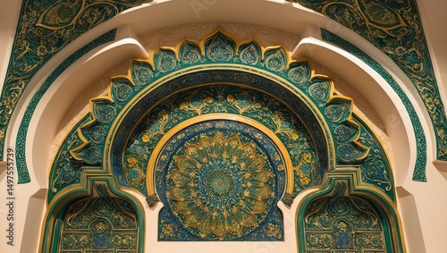 Intricate Islamic geometric patterns in a historical architectural archway of a cultural building