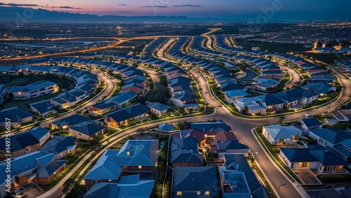 Drone view of suburban grid with curved streets and rooftops at twilight
