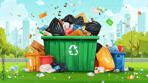 Overflowing recycling container highlighting environmental pollution.