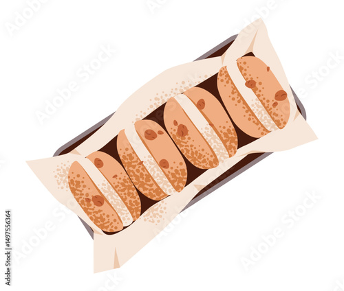 Colorful flat vector illustration of festive cookies and macarons with chocolate and raisins. A sweet homemade dessert. Crunchy baked sweets with festive toppings on a baking tray.