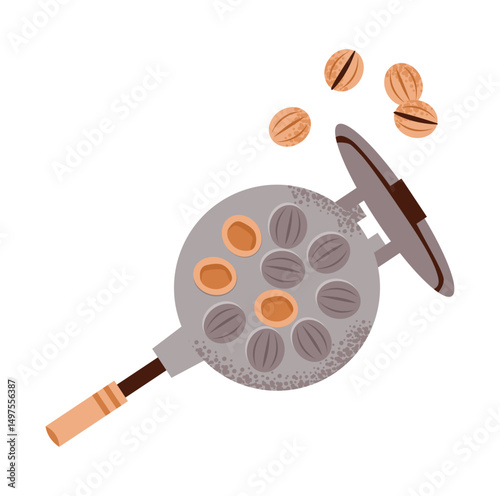 Tasty homemade cookie with waffle iron. Crispy cookie dessert with chocolate and nuts in a modern flat vector illustration.