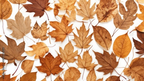 Autumnal Dried Leaves Arranged on White Background