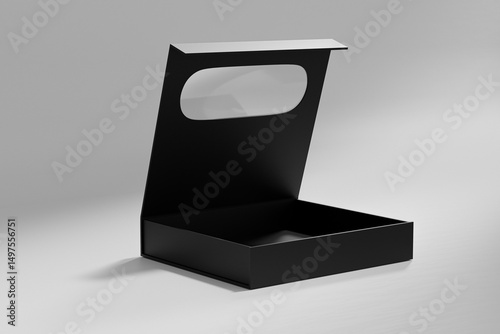 luxury paper box packaging mockup, black gift box with window display, rigid paperboard rectangular packaging, square shape cardboard box with clear pvc window, elegent perfume packaging