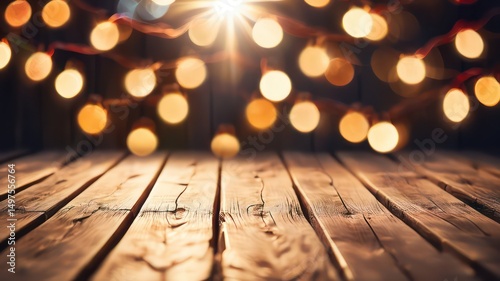 Rustic Wooden Tabletop with Warm, Glowing String Lights Background