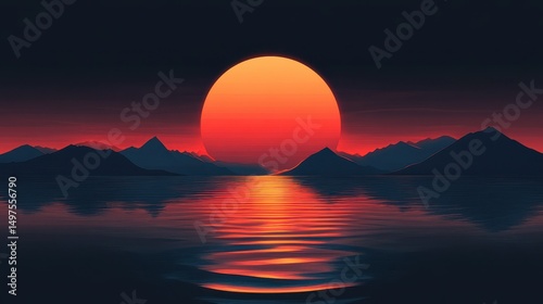 Stunning red sunset behind mountains with reflective water scene photo