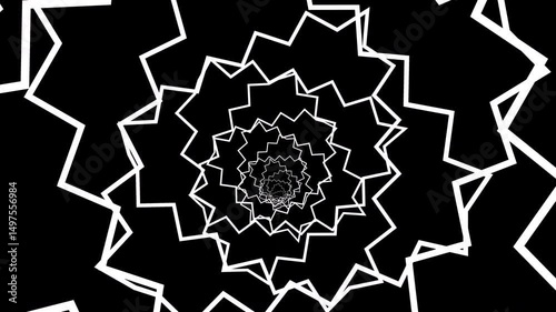 Jagged white lines that form a spiral on a dark background, creating a vortex effect that seems to draw the eye towards the center. 3D animation