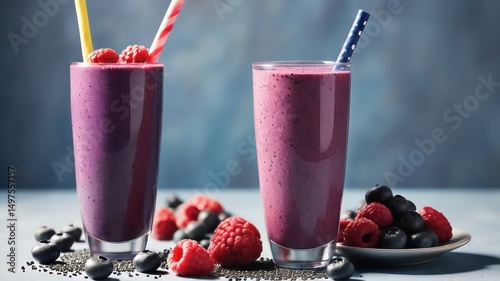 Refreshing Berry Smoothie Delight Two Tall Glasses of Purple Berry Goodness with Fresh Raspberries and Blueberries, Garnished with Chia Seeds