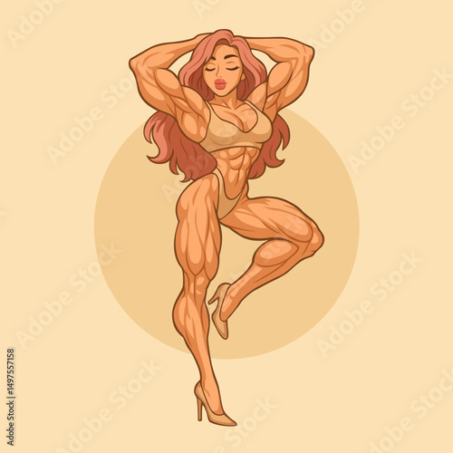 Stylized Illustration of a Muscular Female Bodybuilder Posing