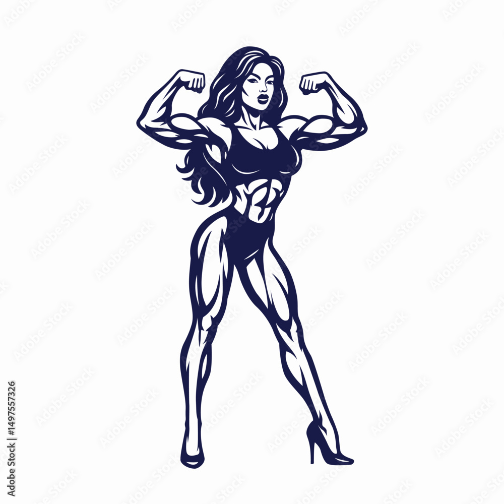 Fototapeta premium Stylized Illustration of a Muscular Female Bodybuilder Posing