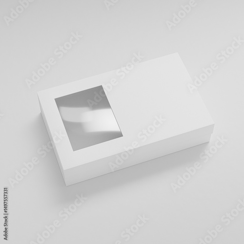 paper box packaging mockup, luxury gift box with window display, white paperboard rectangular packaging, square shape cardboard box with clear pvc window, elegent perfume packaging