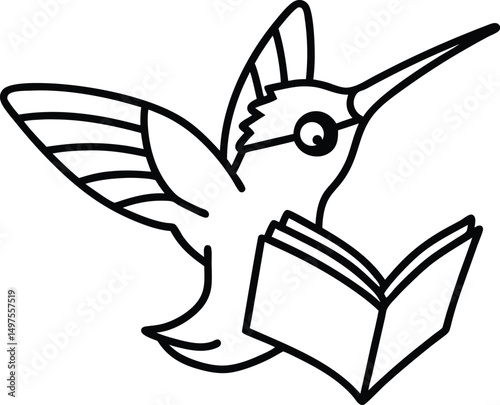 Whimsical illustration of a smart hummingbird wearing glasses and reading a book in black outline