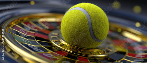 Tennis ball sits on roulette wheel, blending sports and casino themes