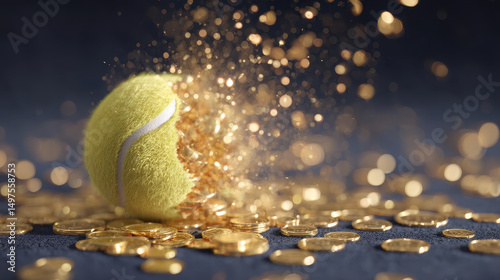 Tennis ball exploding with jackpot coins, creating dynamic scene