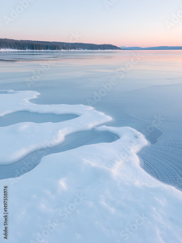Pastel waves of snow gently settle on frozen lake, lake, frozen photo