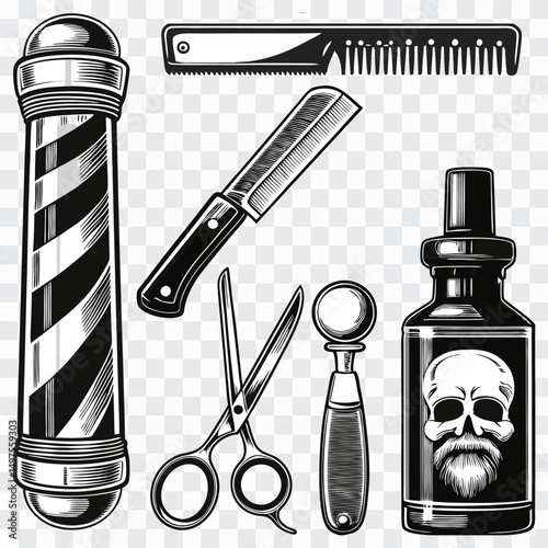 Barber Tools Icon PNG | Scissors, Razor, Chair, Comb, Hair Styling Equipment