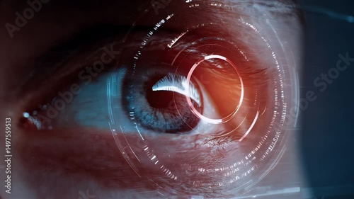A close-up of an eye with digital overlays, suggesting advanced technology and data visualization.