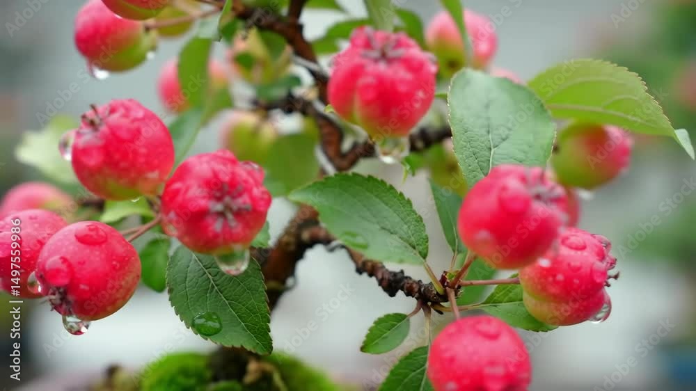 Close Up of Red Crabapple Bonsai Tree with Water Droplets Nature Still Life Close Up of Red Crabapple Bonsai Tree with Water Droplets Nature Still Life