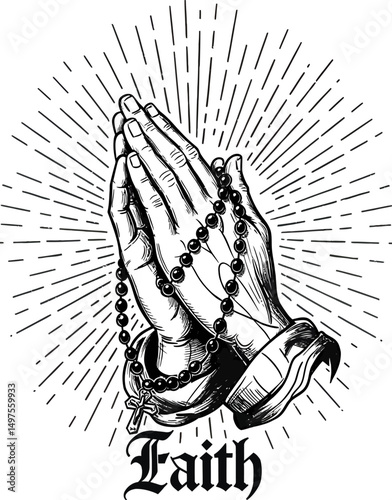 Powerful Praying Hands with Rosary Beads A Faith-Inspired Illustration
