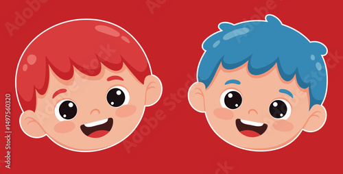 Adorable Cartoon Boys Happy Faces, Red and Blue Hair, Illustration