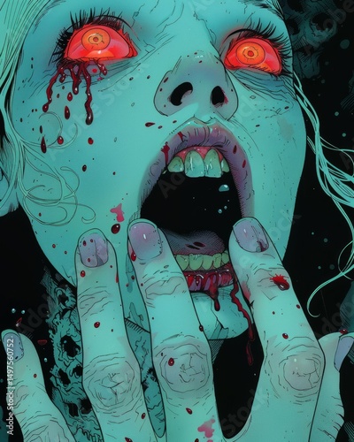 Sinister Gaze: A haunting portrayal of a person with bloodshot eyes and a chilling expression, an eerie and unsettling illustration.