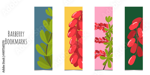 Set colorful bookmarks with decorative hand draw barberry. Flat style botanical illustration. Colorful cute kids bookmark templates for reading. Isolated on white background.	