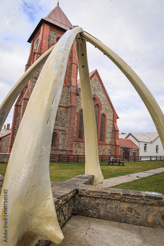 Whalebone Arch, with Christ Church Cathedral in background, Stanley, Falkland Islands, South Atlantic photo
