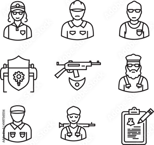 Line art icon collection depicting professions security and industrial elements