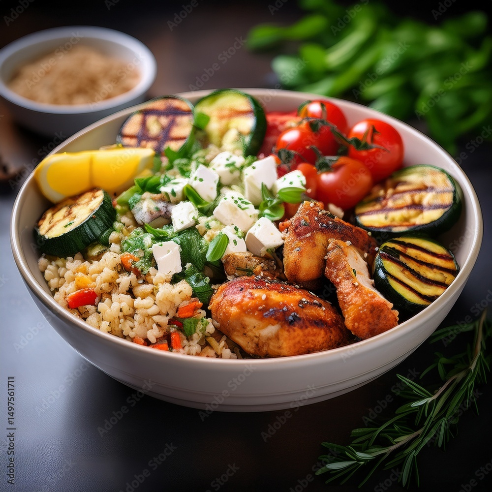 Fototapeta premium Mediterrane Bowl mit gebratenem Hähnchen, Bulgur, Feta, gegrilltem Gemüse und frischen Kräutern