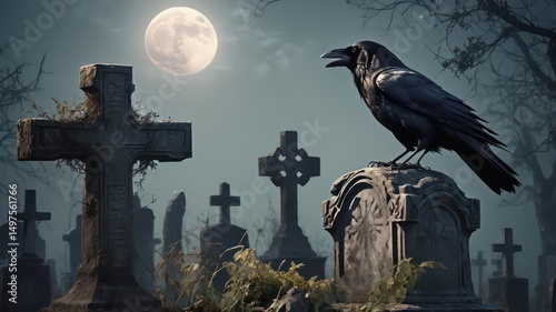 A solitary raven perches atop a weathered headstone in a moonlit graveyard, amidst aged Celtic crosses and overgrown vegetation.