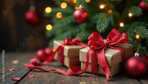 Vintage gifts, silk ribbons, Christmas tree, nostalgic feel, presents, photography, shadow