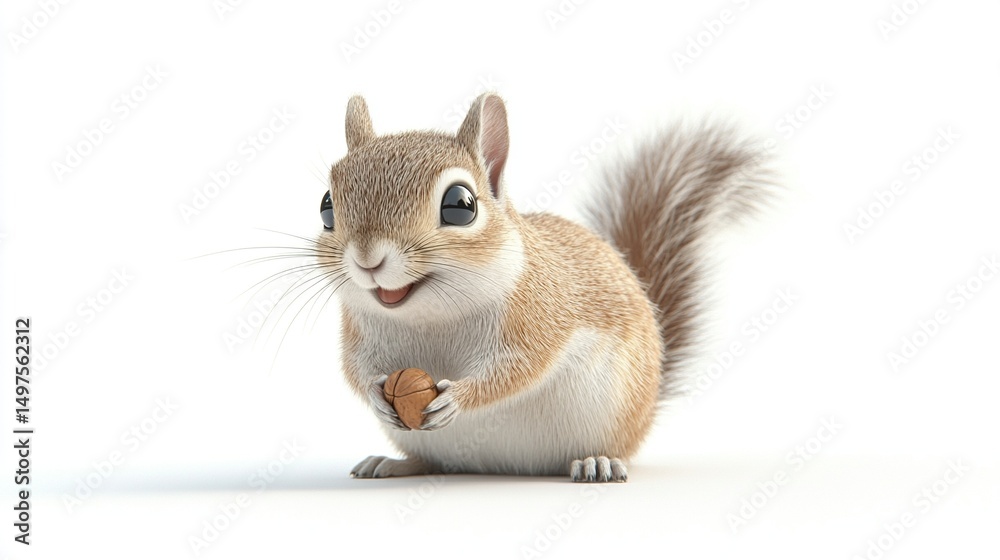 Fototapeta premium Cute cartoon chipmunk holding a nut, front view, white background