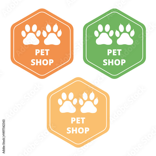 Hexagonal pastel colored pet shop signs with dog and cat paw prints and text