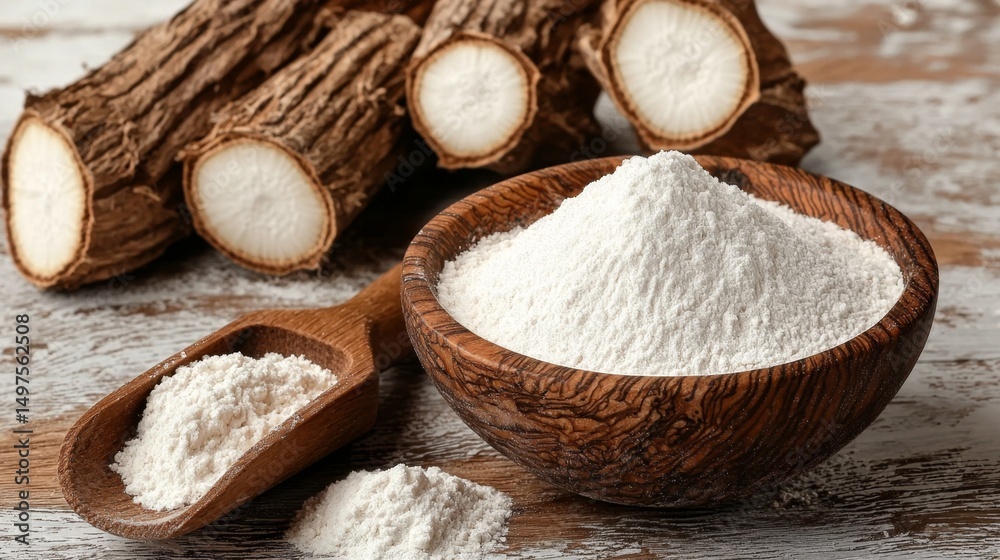 Fototapeta premium Tapioca starch elegantly presented in a wooden bowl.