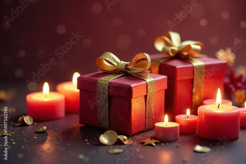 Elegant gold-threaded gift boxes nestled amongst flickering candles , ambiance, christmas