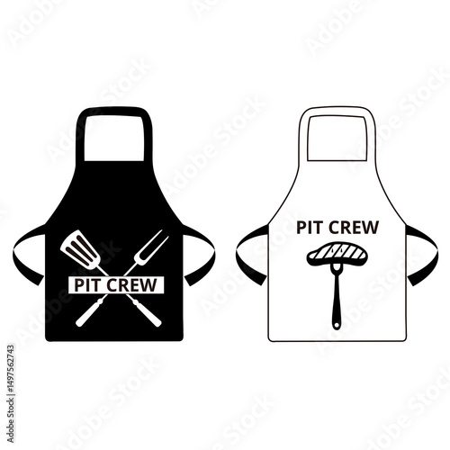 Pit crew black apron with a steak and barbecue utensils drawings on a white background