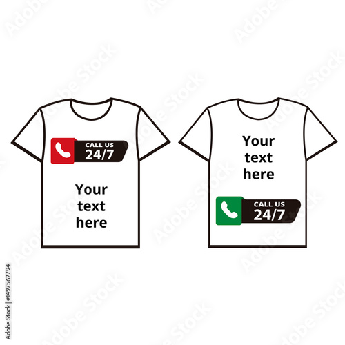 T shirts with space for text and call us 24 7 sign on a white background with copy space