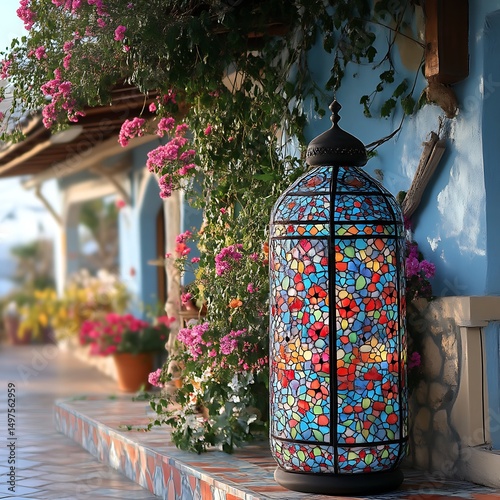 Colorful mosaic lamp by a vibrant flower-filled patio photo