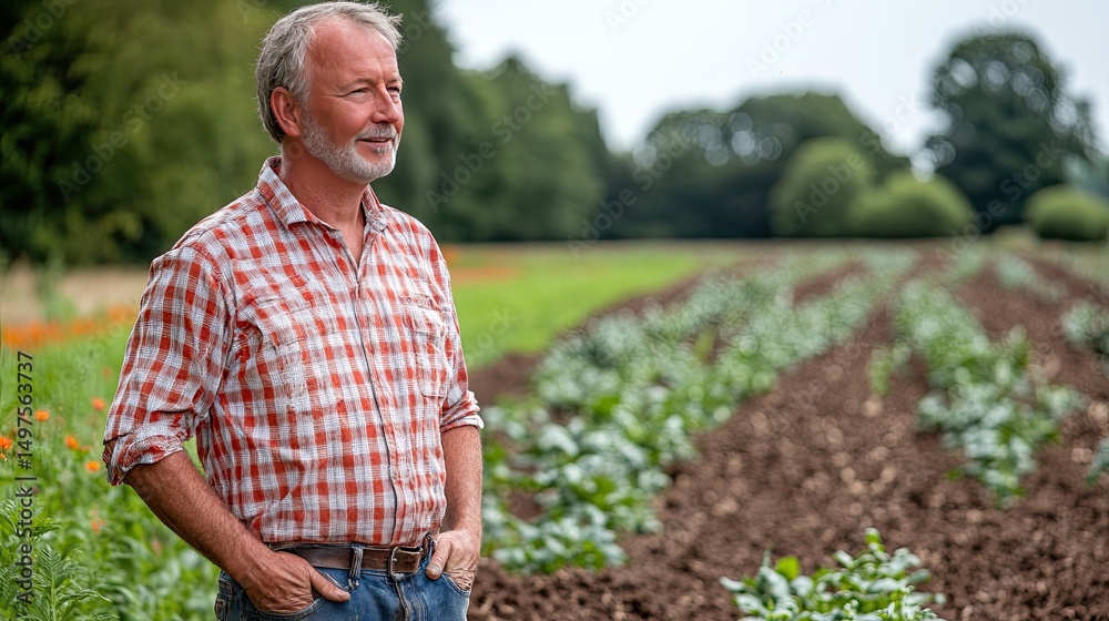 Fototapeta premium Farmer in field with rural landscape.