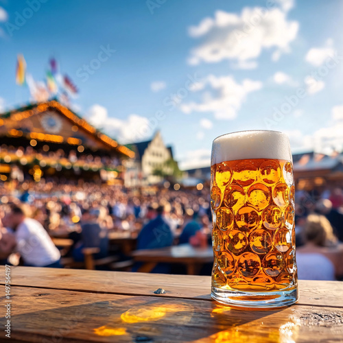 A full glass of beer sits on a wooden table with a blurred background of a lively festival.