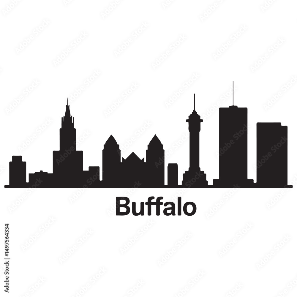 Fototapeta premium Vector Buffalo skyline. Travel Buffalo famous landmarks. Business and tourism concept for presentation, banner, web site. Vector black silhouette. with white background