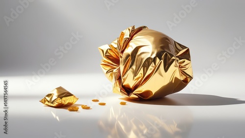 A crumpled gold foil package spills its contents onto a white surface