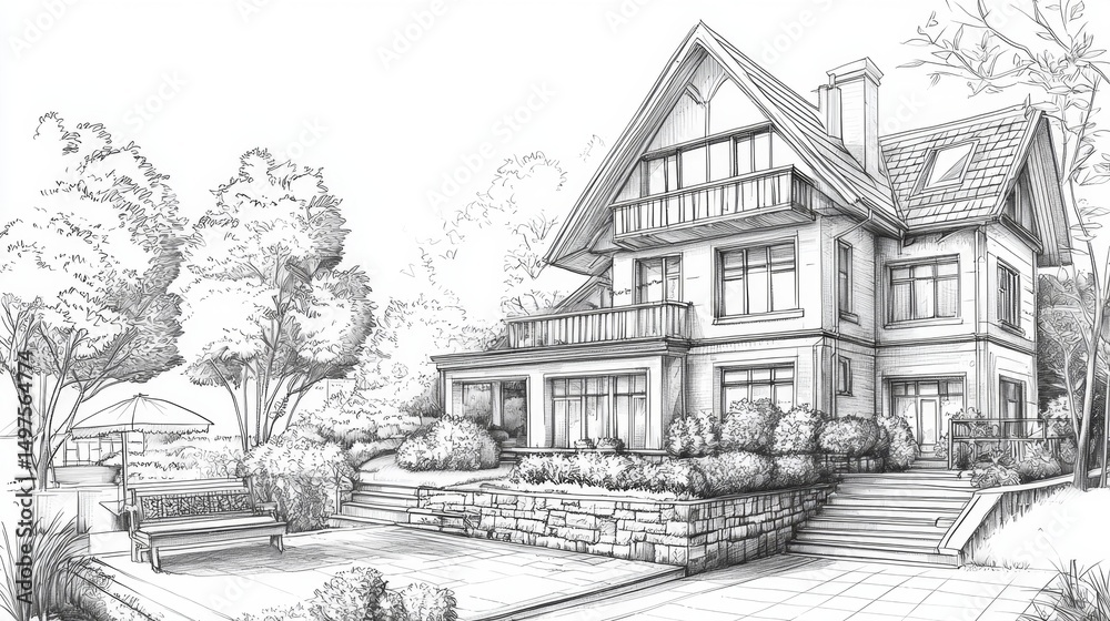 Obraz premium A detailed sketch of an old house highlighting traditional building styles.