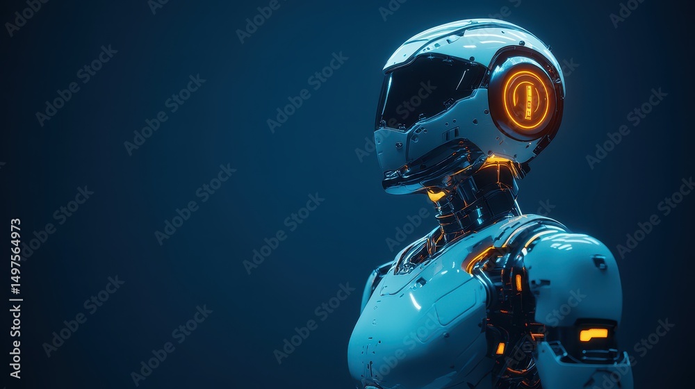 Futuristic white robotic figure with orange illuminated details on blue background Futuristic white robotic figure with orange illuminated details on blue background