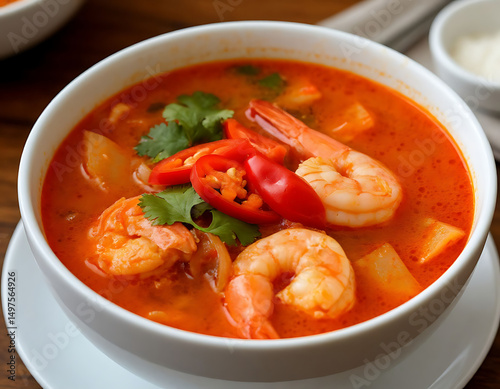 Delicious shrimp soup, garnished with fresh cilantro and red chilies, perfect for culinary blogs and restaurant menus. A vibrant dish embodies comfort and flavor, ideal for social media and advertisin